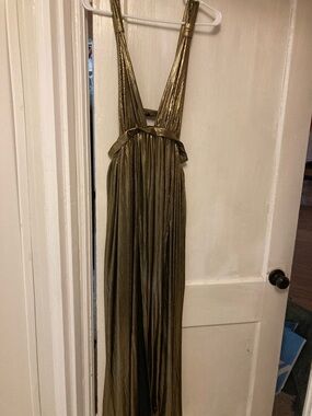 Luxxel Metallic Olive Gold Plunging Maxi Dress